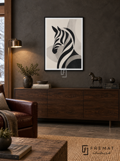 Animal Study by FREMAT: an abstract zebra in a black PVC frame with a printed white border, displayed in a styled interior.
