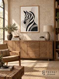 Animal Study by FREMAT: an abstract zebra in a wooden texture PVC frame with a printed white border, displayed in a styled interior.