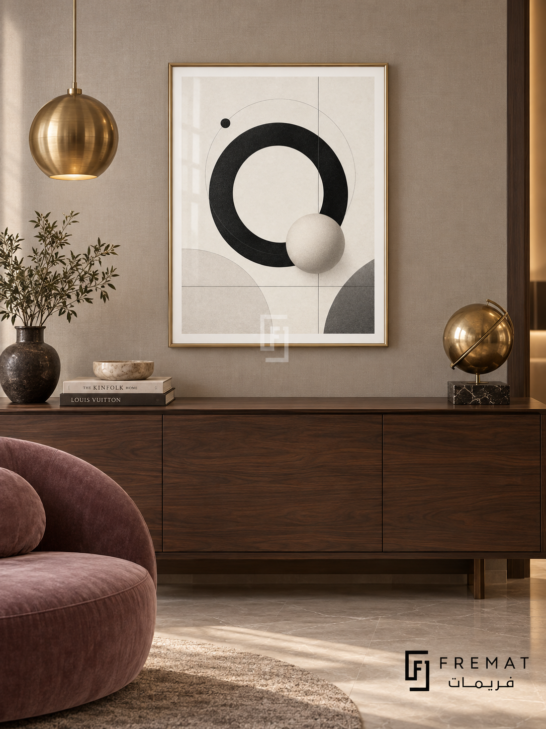 Orbit by FREMAT: orbital circles and a sphere in a gold PVC frame with a printed white border, displayed in a styled interior.