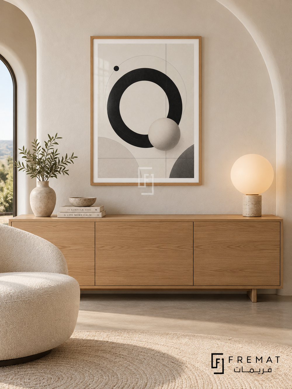 Orbit by FREMAT: orbital circles and a sphere in a wooden texture PVC frame with a printed white border, displayed in a styled interior.