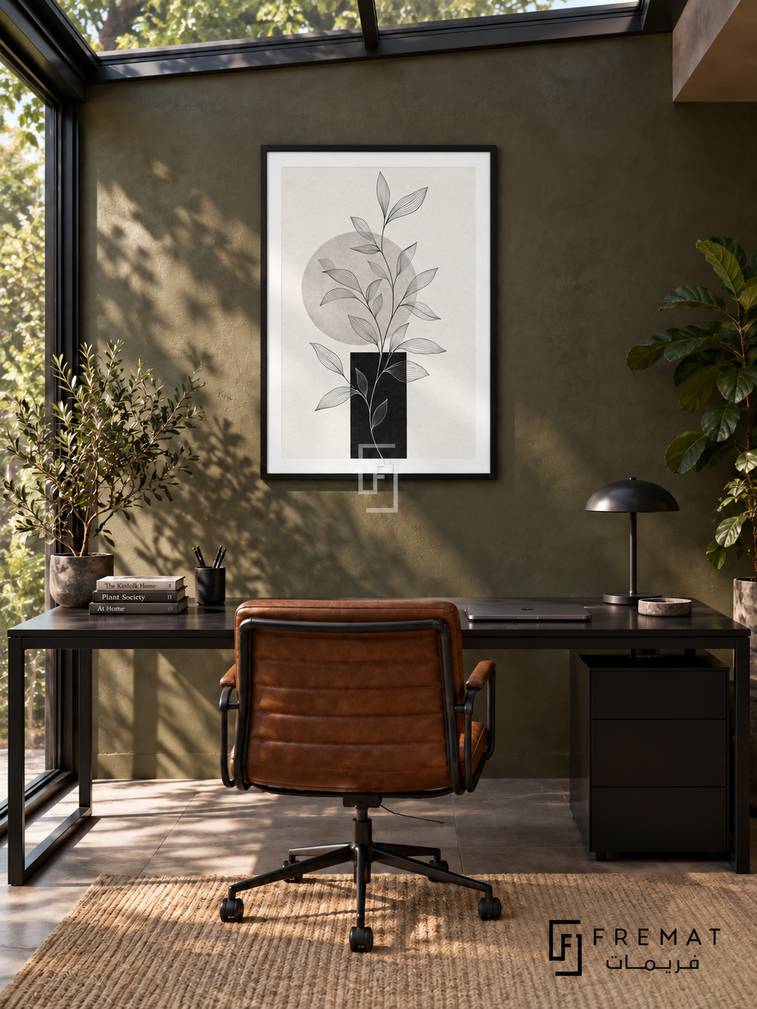 Linear Garden by FREMAT: botanical linework and geometry in a black PVC frame with a printed white border, displayed in a styled interior.