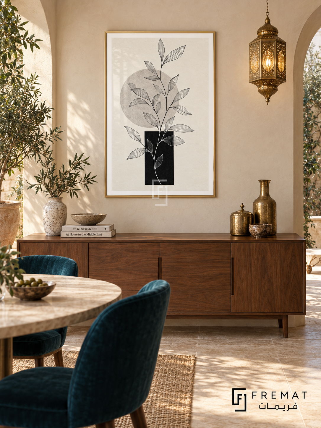 Linear Garden by FREMAT: botanical linework and geometry in a gold PVC frame with a printed white border, displayed in a styled interior.
