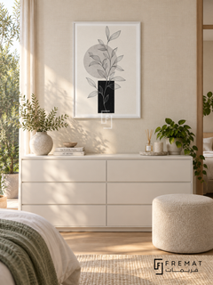 Linear Garden by FREMAT: botanical linework and geometry in a white PVC frame with a printed white border, displayed in a styled interior.