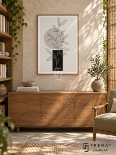 Linear Garden by FREMAT: botanical linework and geometry in a wooden texture PVC frame with a printed white border, displayed in a styled interior.