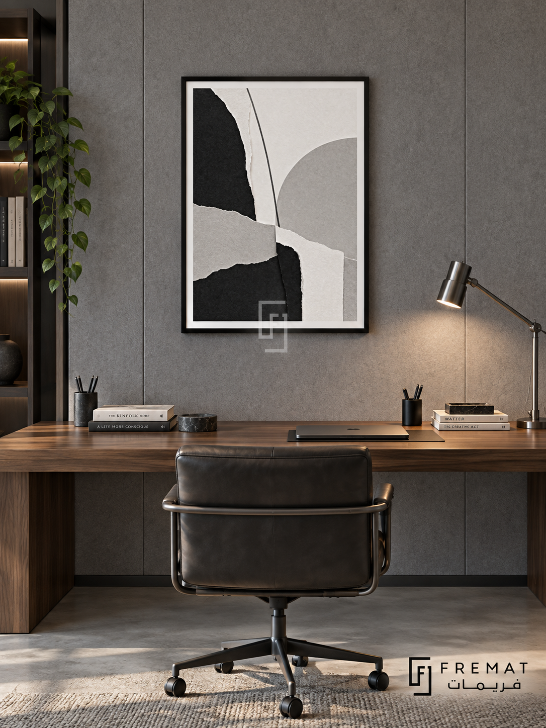 Paper Forms by FREMAT: a torn-paper style collage in a black PVC frame with a printed white border, displayed in a styled interior.