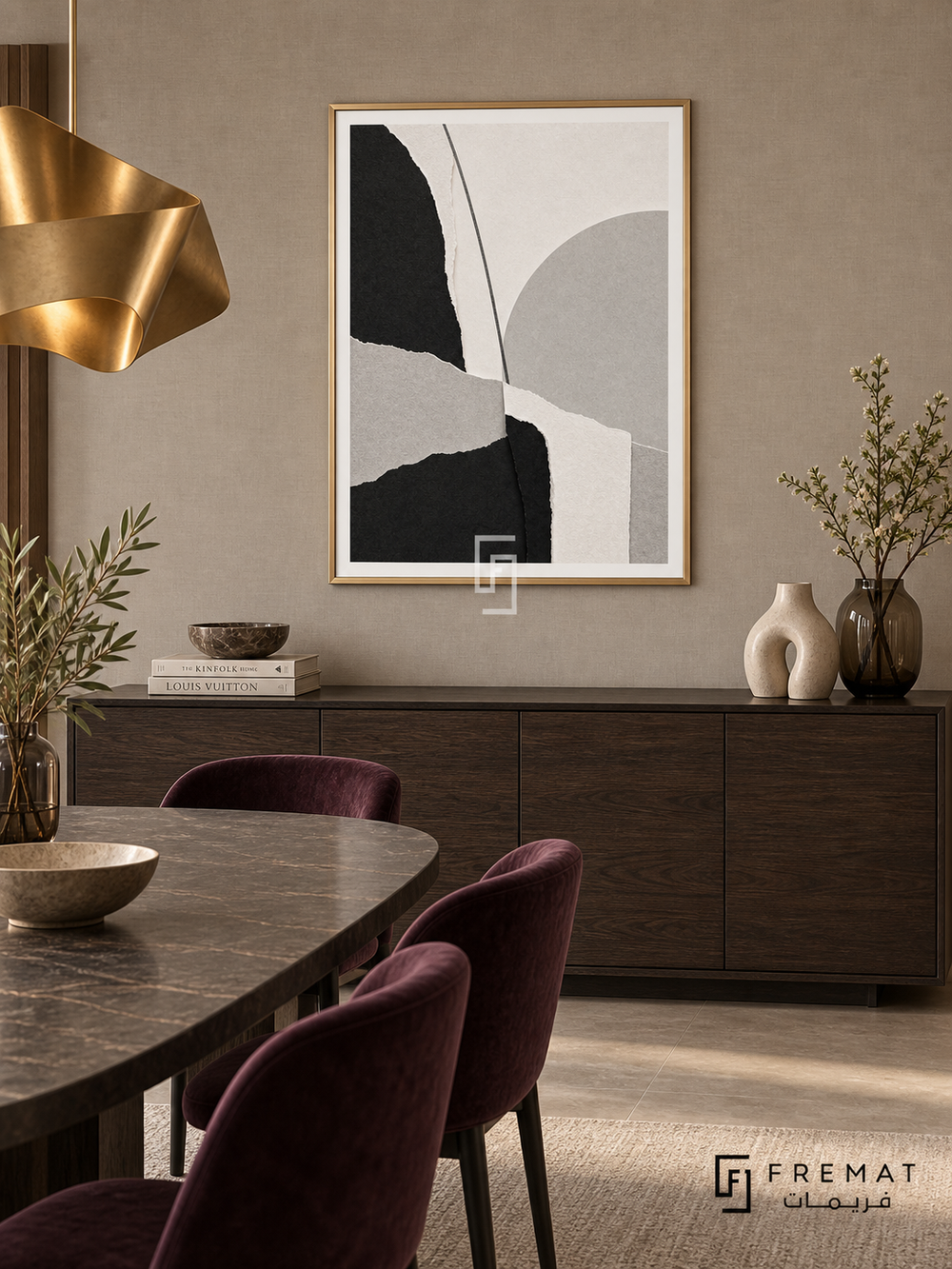 Paper Forms by FREMAT: a torn-paper style collage in a gold PVC frame with a printed white border, displayed in a styled interior.