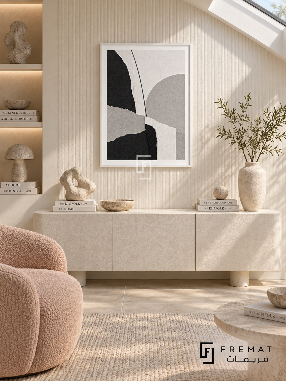 Paper Forms by FREMAT: a torn-paper style collage in a white PVC frame with a printed white border, displayed in a styled interior.