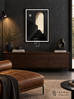 Night Stairs by FREMAT: a moonlit arch and staircase in a black PVC frame with a printed white border, displayed in a styled interior.