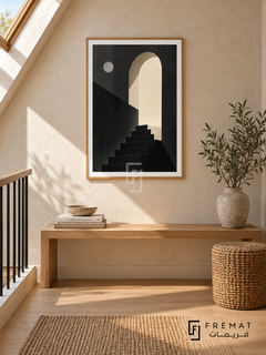 Night Stairs by FREMAT: a moonlit arch and staircase in a wooden texture PVC frame with a printed white border, displayed in a styled interior.
