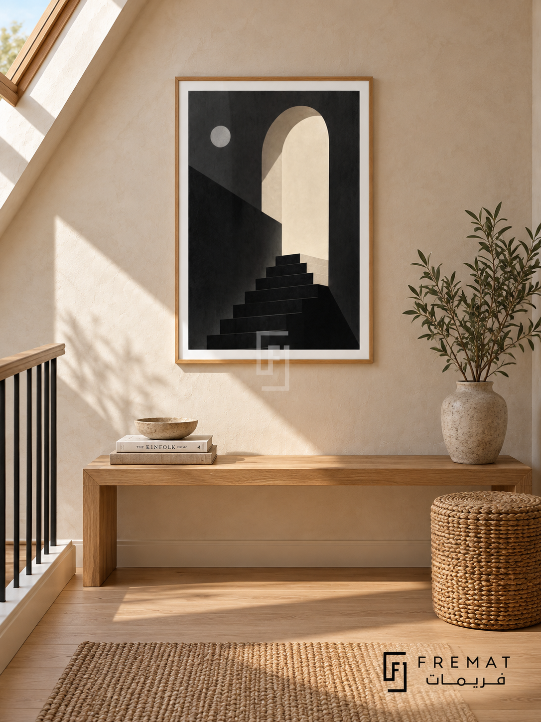 Night Stairs by FREMAT: a moonlit arch and staircase in a wooden texture PVC frame with a printed white border, displayed in a styled interior.