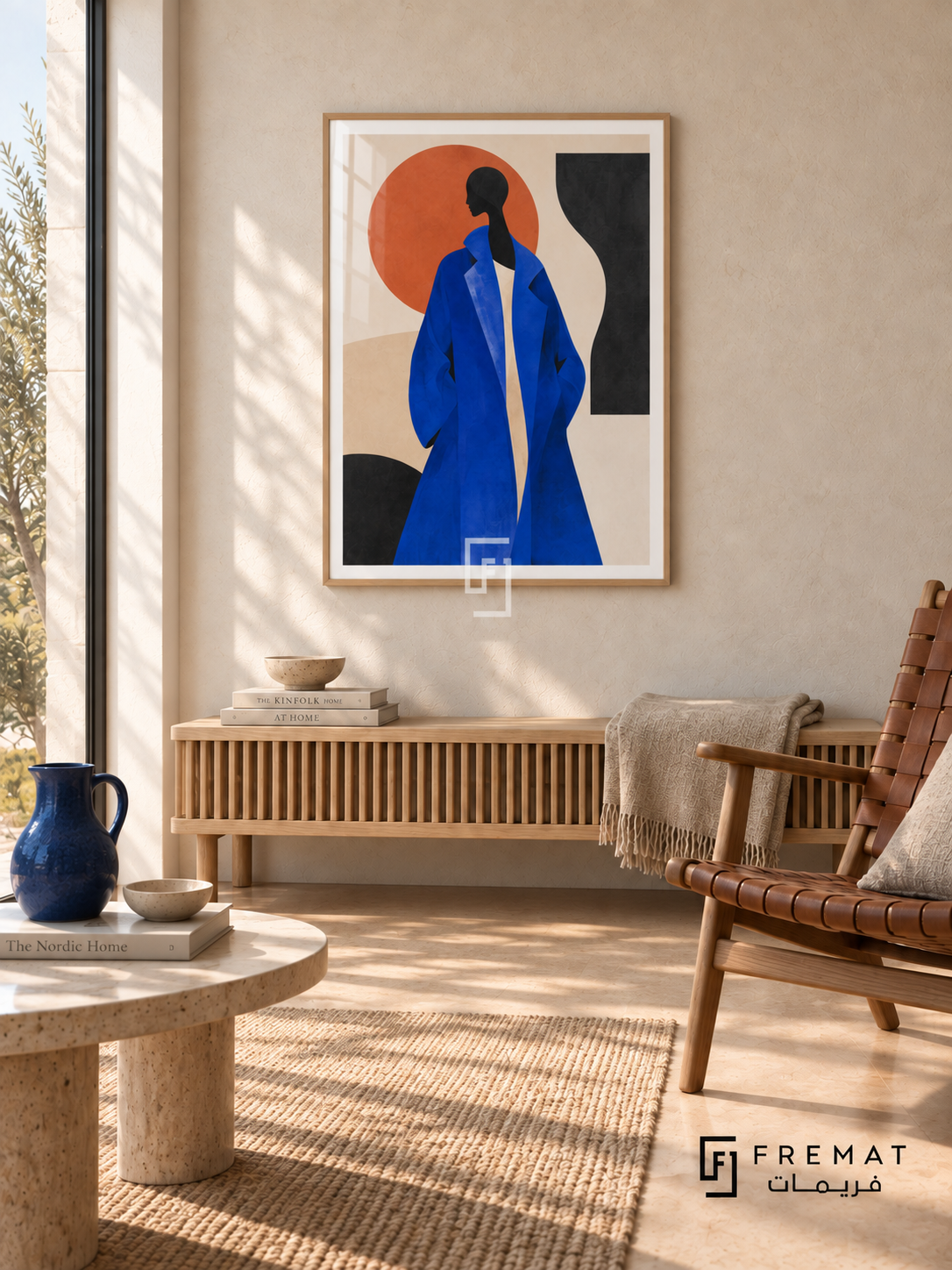 Fashion Block cobalt-blue fashion portrait in a slim light wood-grain PVC frame with an even printed white border, above a slatted wooden bench beside a woven leather chair in a sunlit neutral room.