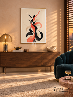 Figure Dance by FREMAT in a champagne gold PVC frame with a flat white printed border. Evening cocktail salon: pale peach silk-textured wall, 150cm walnut cabinet on slender legs below art, deep petrol scalloped lounge chair right, round rose-marble table, brass mesh lamp left and warm lateral sunset through shutters.