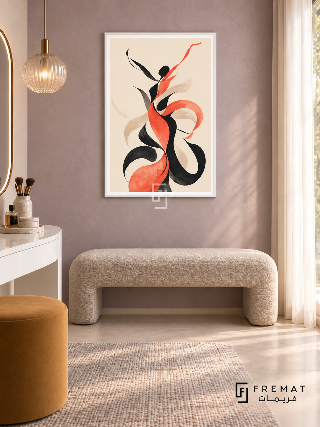 Figure Dance by FREMAT in a satin white PVC frame with a flat white printed border. Cloud-white dressing room: dusty lilac mineral plaster wall, 145cm mushroom upholstered bench below art, white lacquer curved dressing table partly visible left with ochre stool, silver-grey woven carpet, diffused window light and ribbed-glass pendant.