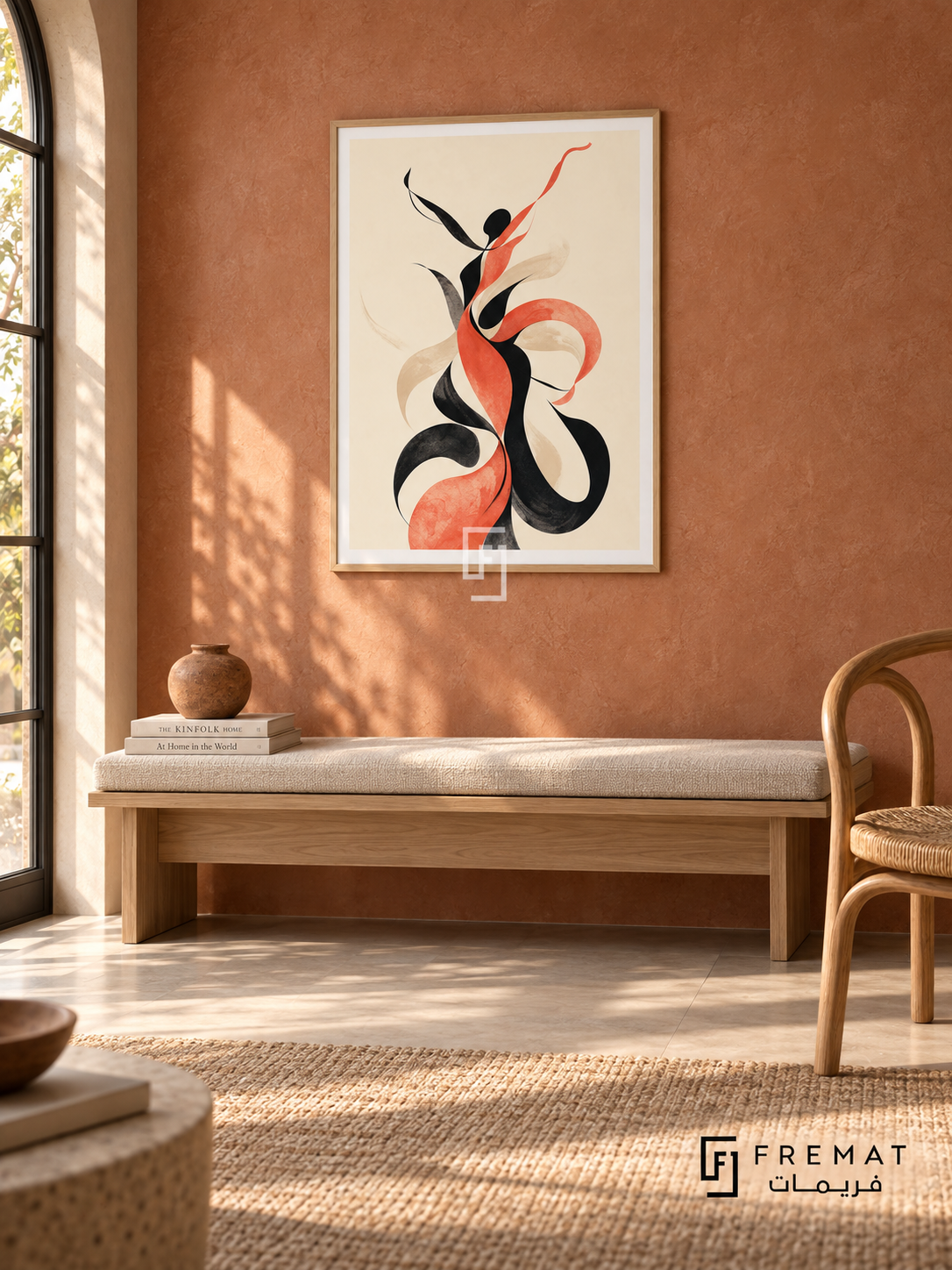 Figure Dance by FREMAT in a light natural wood PVC frame with a flat white printed border. Warm dance studio lounge: terracotta limewash wall, 150cm pale elm storage bench with oatmeal cushion below art, curved bentwood chair right, woven rush mat, large shaded window left, small clay vessel and soft late morning sun.