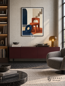 Music Room by FREMAT in a matte black PVC frame with a flat white printed border. Music-loft library: off-white board-formed concrete wall, 155cm burgundy credenza below art, grey wool swivel chair right, narrow bookcase at far left, black mosaic floor, cool north-window light, amber glass table lamp.