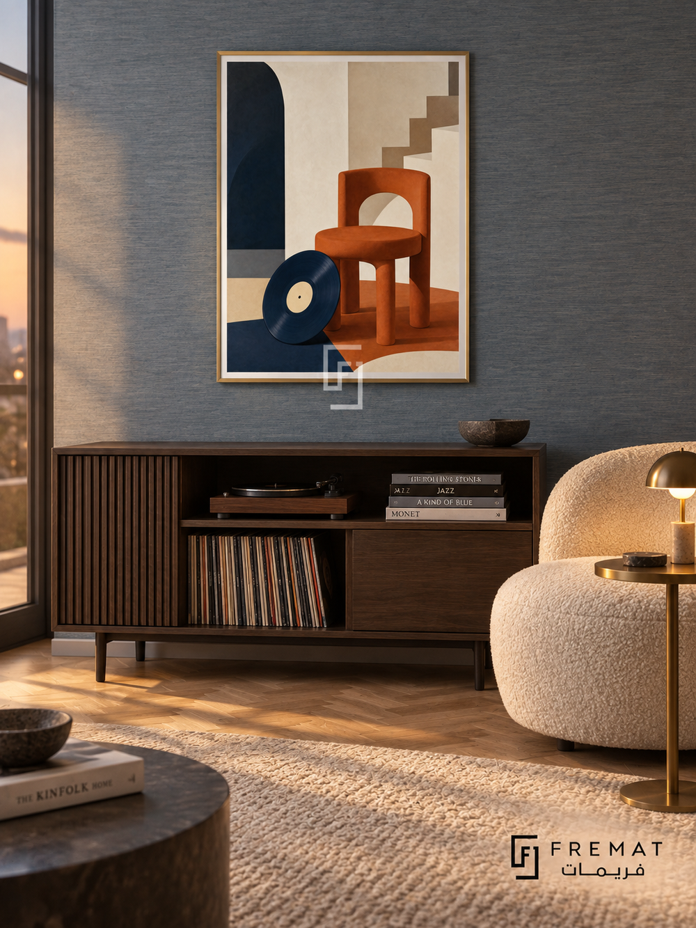 Music Room by FREMAT in a champagne gold PVC frame with a flat white printed border. Jazz apartment reading corner: muted blue-grey grasscloth wall, 155cm smoked walnut record cabinet, ivory boucle armchair right, thin brass side table with small lamp, herringbone oak floor and soft warm dusk light.