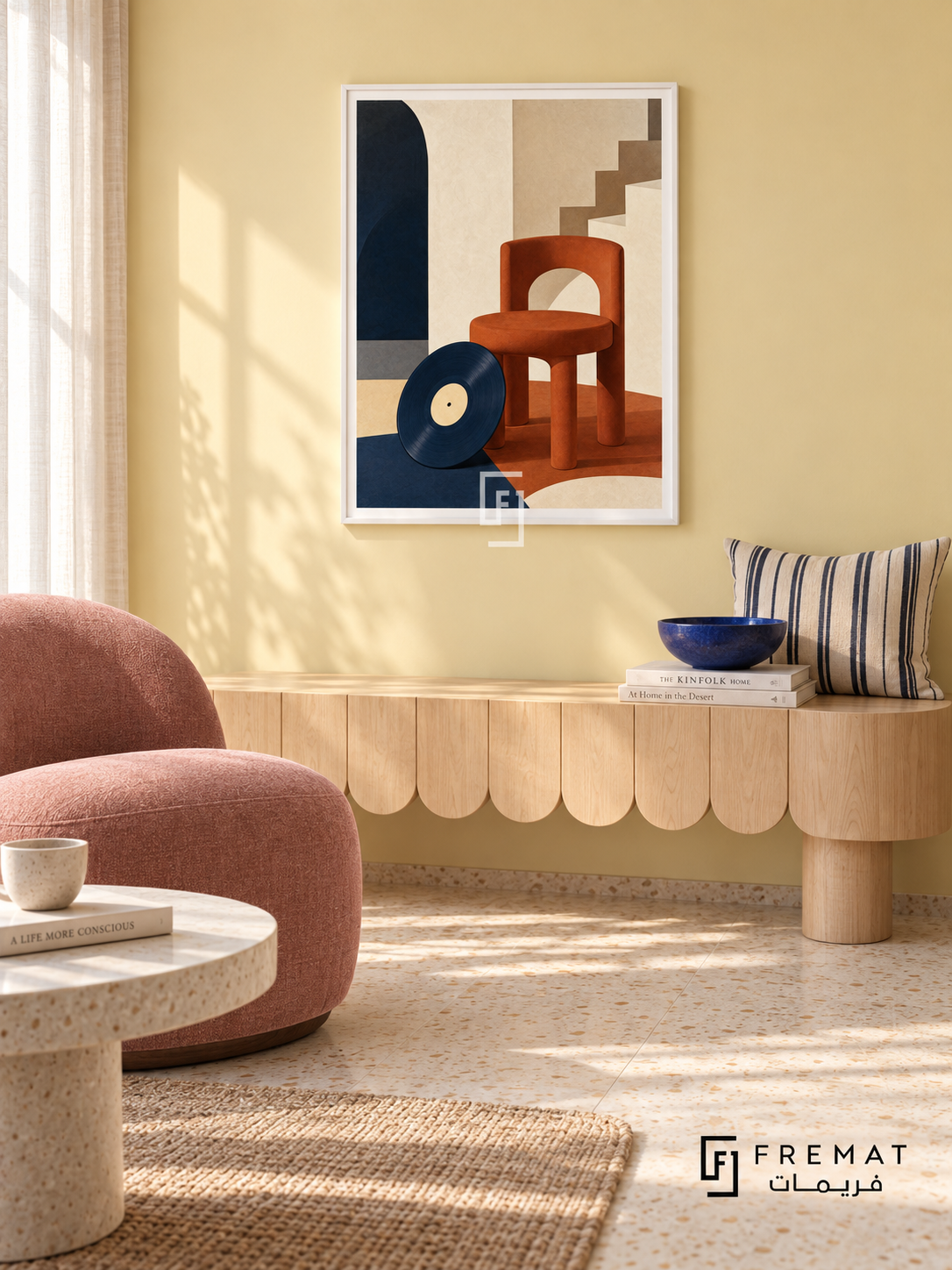 Music Room by FREMAT in a satin white PVC frame with a flat white printed border. Sunny music corner: pale butter-yellow painted panel wall, 150cm scalloped light maple bench, blush upholstered slipper chair left, white round pedestal table, pale terrazzo floor, soft bright curtain light, striped linen cushion and cobalt bowl.