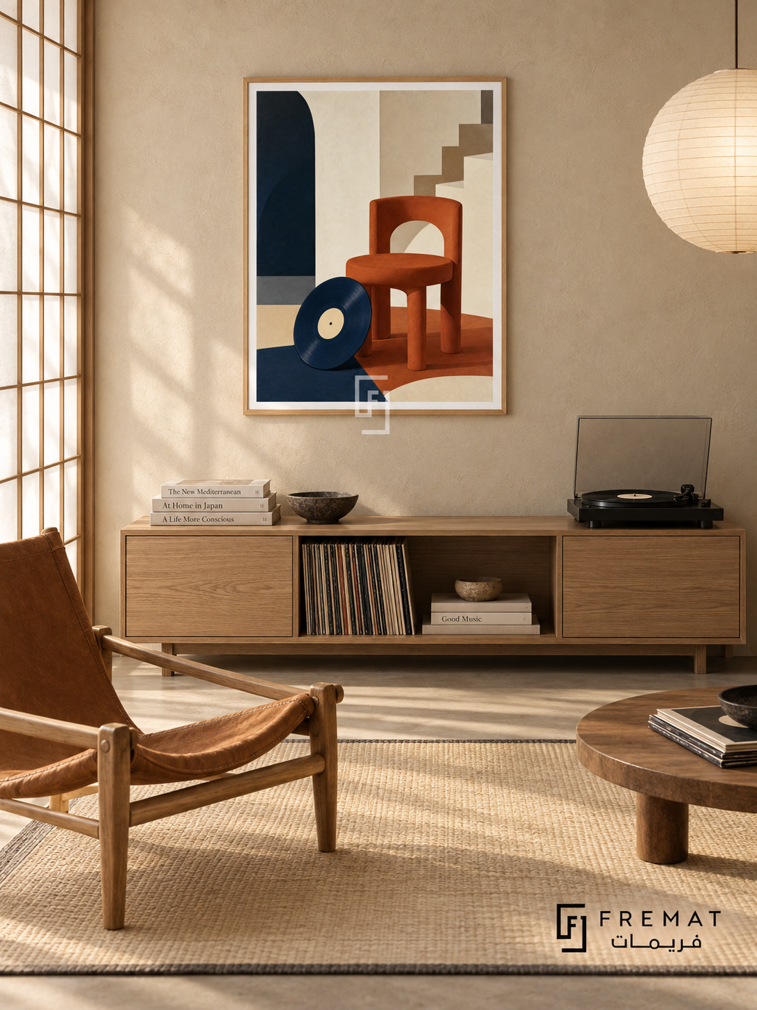 Music Room by FREMAT in a light natural wood PVC frame with a flat white printed border. Japanese listening den: sand-coloured clay wall, 150cm low oak record console below artwork, caramel canvas sling chair left, small black turntable at far edge, tatami rug, translucent shoji daylight and a handmade paper pendant.