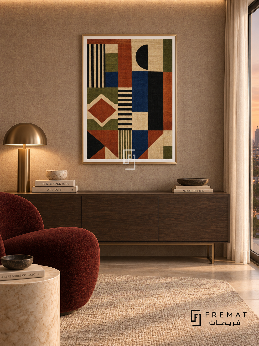 Woven Rhythm by FREMAT in a champagne gold PVC frame with a flat white printed border. Tailored textile salon: warm taupe fabric-lined wall, 150cm dark oak console with brushed bronze base, wine-red wool lounge chair left, round cream marble side table, soft recessed ceiling glow plus evening window light.