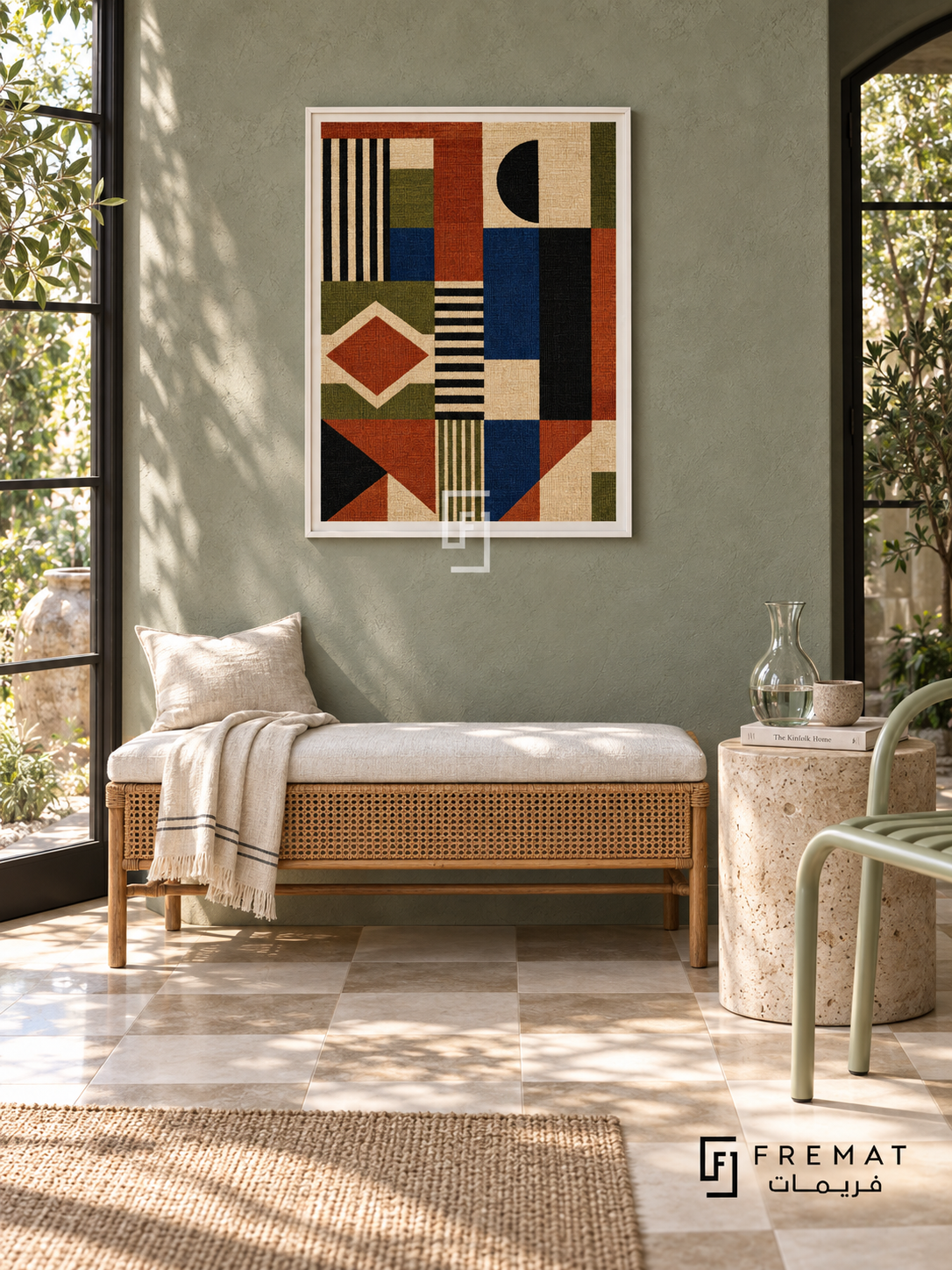 Woven Rhythm by FREMAT in a satin white PVC frame with a flat white printed border. Garden conservatory interior: muted eucalyptus stucco wall, 145cm cane bench with white linen seat, pale mint tubular chair right, stone cylinder side table, cream checker tile floor, leafy window shadows and blown-glass carafe.