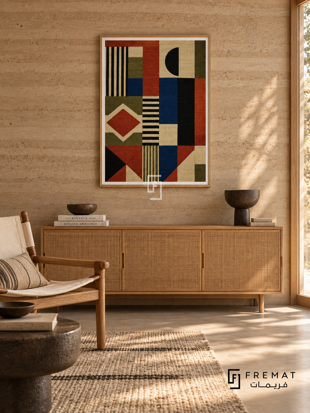 Woven Rhythm by FREMAT in a light natural wood PVC frame with a flat white printed border. Textile collector lounge: buff rammed-earth wall with horizontal strata, 150cm light oak woven-door sideboard, cream canvas safari chair left, dark clay bowl on floor pedestal, wool flatweave rug and dappled early sunshine.