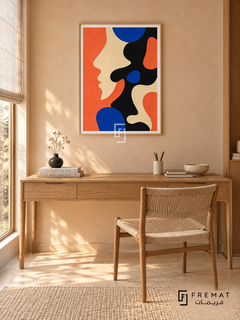 Coral Profile by FREMAT in a light natural wood PVC frame with a flat white printed border. Quiet portrait study: pale apricot clay-plaster wall, 150cm white-oiled oak desk beneath art with slim drawer, woven cord chair offset right, linen Roman blind at left, cream cork floor, small black ceramic bud vase, gentle dawn light.