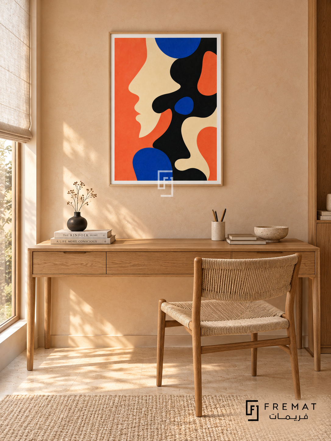 Coral Profile by FREMAT in a light natural wood PVC frame with a flat white printed border. Quiet portrait study: pale apricot clay-plaster wall, 150cm white-oiled oak desk beneath art with slim drawer, woven cord chair offset right, linen Roman blind at left, cream cork floor, small black ceramic bud vase, gentle dawn light.