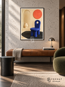 Cobalt Chair by FREMAT in a matte black PVC frame with a flat white printed border. Concrete townhouse retreat: light-grey terrazzo wall, 150cm saddle leather bench, cylindrical blackened oak stool left, moss-green armchair at right, dark timber floor, directional skylight, small chrome task lamp and books.