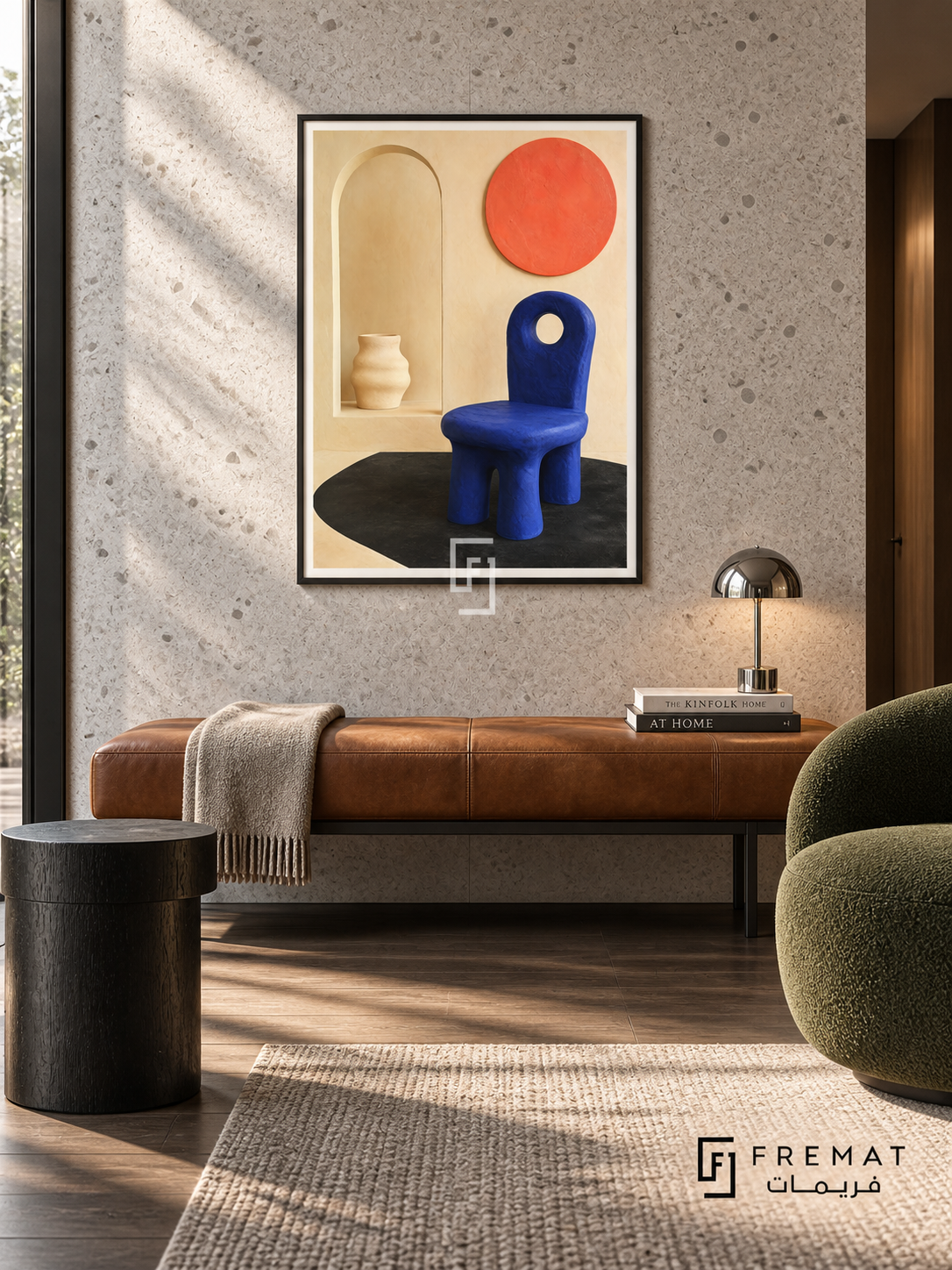 Cobalt Chair by FREMAT in a matte black PVC frame with a flat white printed border. Concrete townhouse retreat: light-grey terrazzo wall, 150cm saddle leather bench, cylindrical blackened oak stool left, moss-green armchair at right, dark timber floor, directional skylight, small chrome task lamp and books.