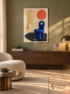 Cobalt Chair by FREMAT in a champagne gold PVC frame with a flat white printed border. Mid-century collector suite: muted olive limewash wall, 155cm walnut lowboard, cream sculptural lounge chair left, small bronze and glass table, pale parquet floor, warm lamp pool at right with sunset diagonal light.