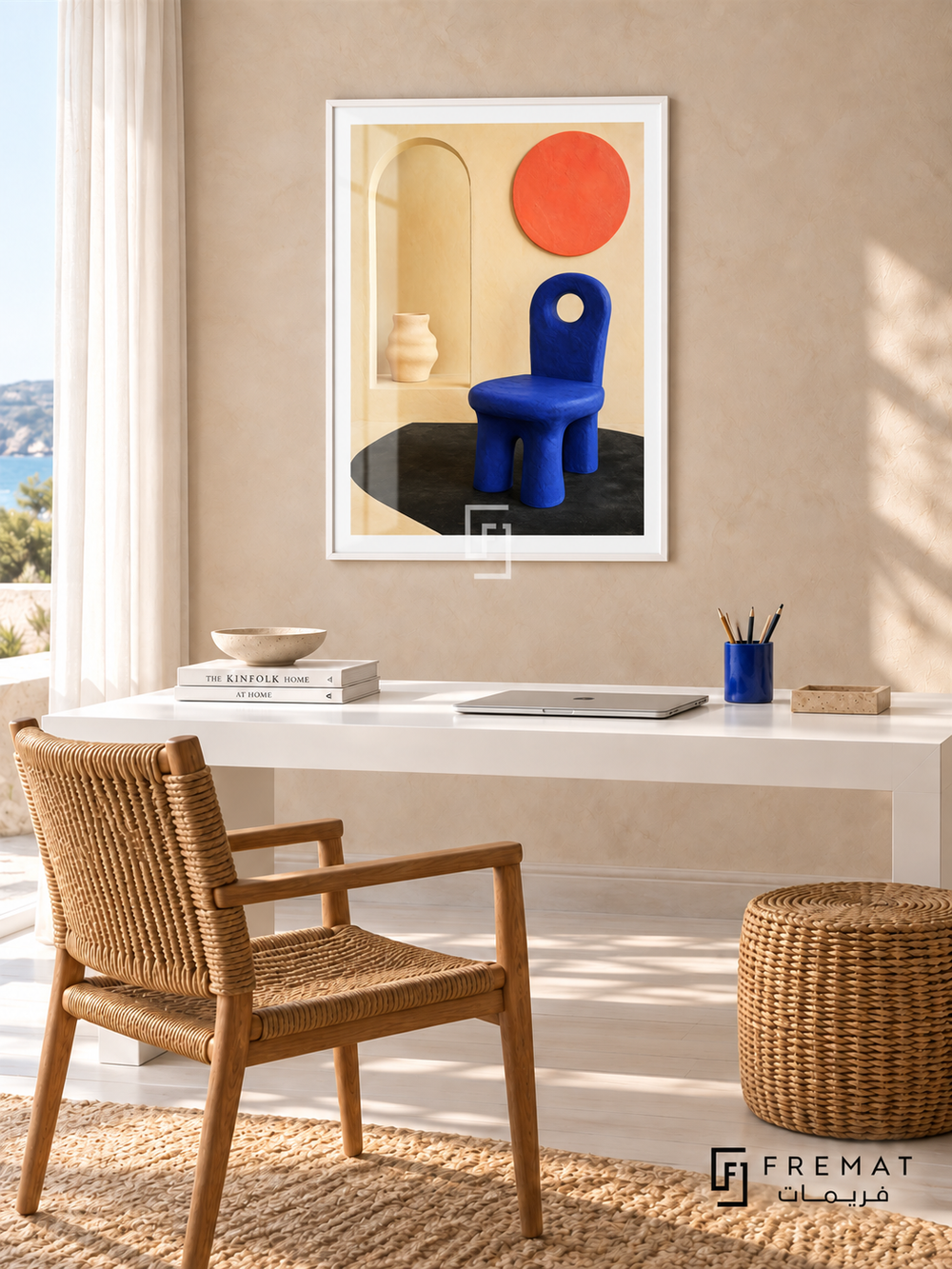 Cobalt Chair by FREMAT in a satin white PVC frame with a flat white printed border. Sun-washed coastal office: pale sand plaster wall, 150cm white lacquer desk below art, caramel rope chair at left, round rattan stool, whitewashed floor, translucent curtain glow and a deep-blue ceramic pencil cup.