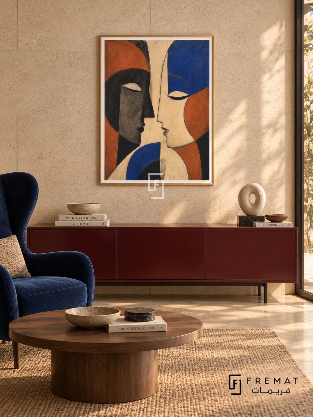 Two Faces by FREMAT in a champagne gold PVC frame with a flat white printed border. Intimate modern salon: warm ivory limestone wall with large staggered slabs, 150cm oxblood lacquer sideboard, deep blue wingback chair left, round walnut cocktail table, tan woven rug and filtered late-afternoon light.