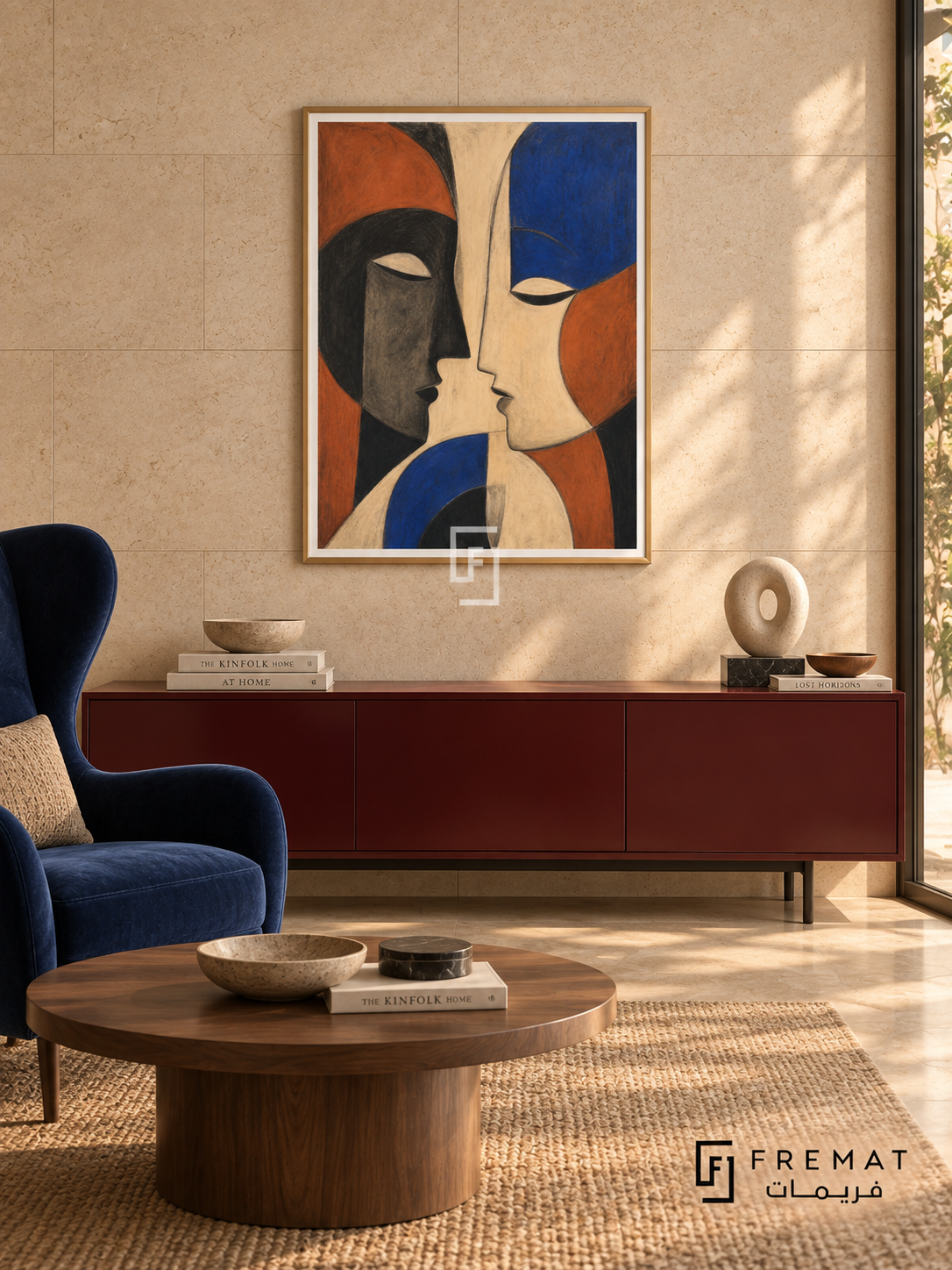Two Faces by FREMAT in a champagne gold PVC frame with a flat white printed border. Intimate modern salon: warm ivory limestone wall with large staggered slabs, 150cm oxblood lacquer sideboard, deep blue wingback chair left, round walnut cocktail table, tan woven rug and filtered late-afternoon light.