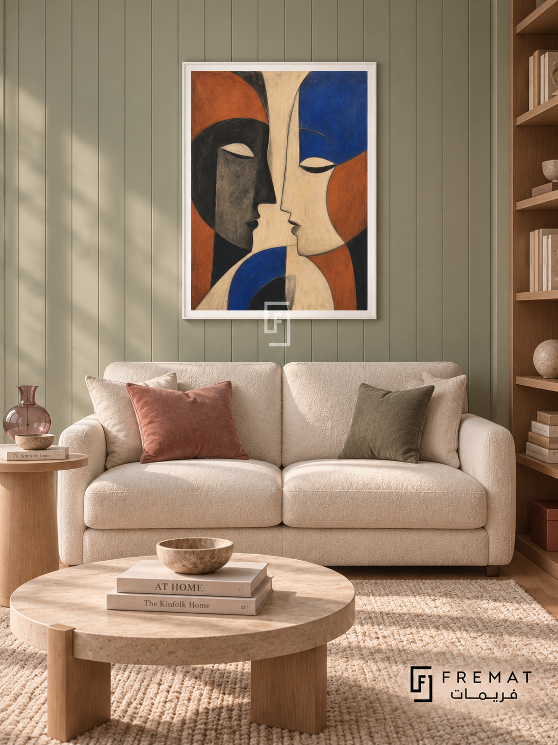 Two Faces by FREMAT in a satin white PVC frame with a flat white printed border. Calm pale-rose library: sage-grey vertical beadboard wall, 145cm ivory two-seat sofa, maple side table left, low bookshelves at far right, wool carpet and clear morning illumination, small translucent mauve vase.