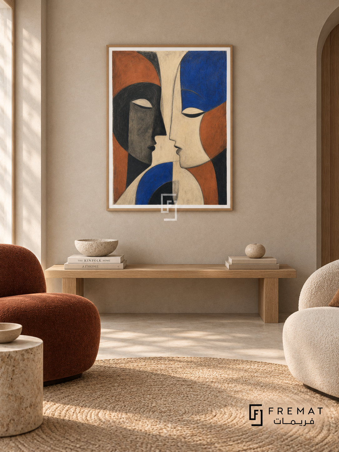 Two Faces by FREMAT in a light natural wood PVC frame with a flat white printed border. Conversation alcove: pale mushroom clay wall, 155cm white-oak bench centered beneath art, two different small lounge chairs cropped at opposite sides in rust and cream, circular jute rug, diffuse north light and a stone pebble bowl.