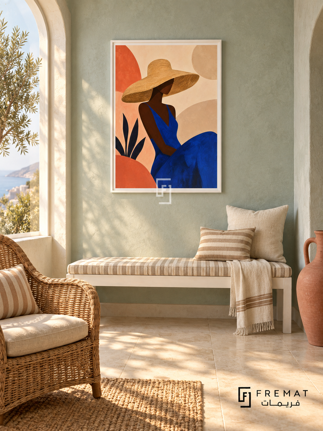 Sun Hat by FREMAT in a satin white PVC frame with a flat white printed border. Mediterranean guestroom nook: pale celadon plaster wall, 150cm painted white wooden bench with striped beige cushion, arched window left, honey wicker lounge chair, limestone floor, golden morning rays and matte coral vase.