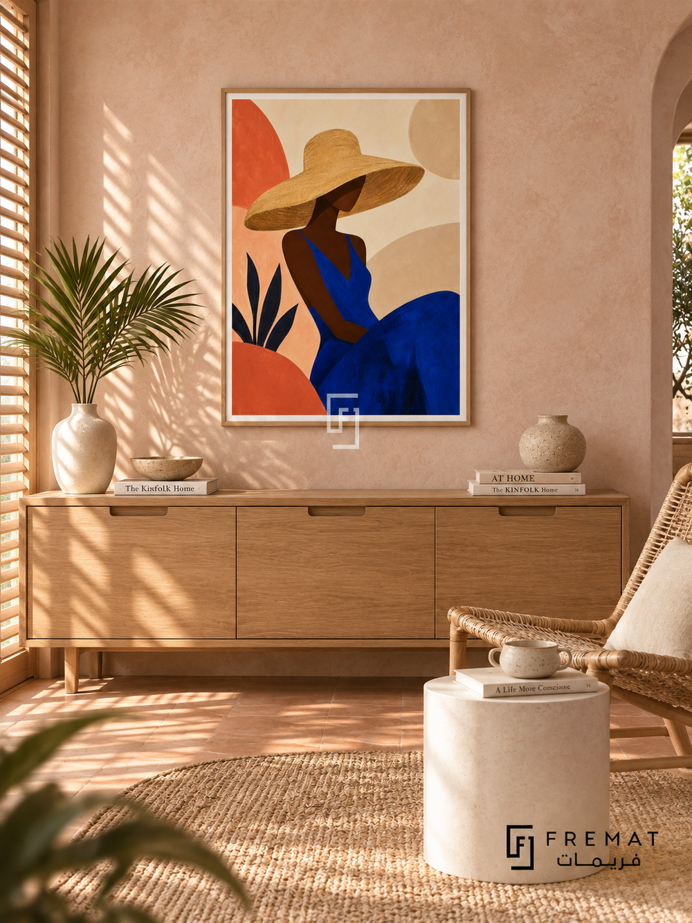 Sun Hat by FREMAT in a light natural wood PVC frame with a flat white printed border. Breezy summer reading room: shell-pink limewash wall, 150cm blond oak sideboard with recessed handles, woven seagrass chair right, white cylindrical side table, light terracotta floor, sun through slatted shutters, palm leaf in cream vessel.