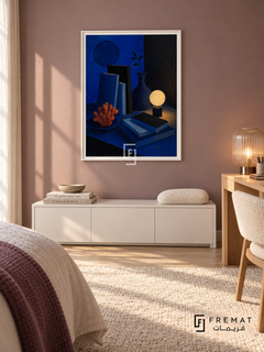 Night Table by FREMAT in a satin white PVC frame with a flat white printed border. Fresh quiet guest room: muted mauve matte wall, 145cm satin-white storage bench below artwork, light oak desk at far right and cream woven chair, cream carpet, soft early morning light and ribbed transparent lamp.