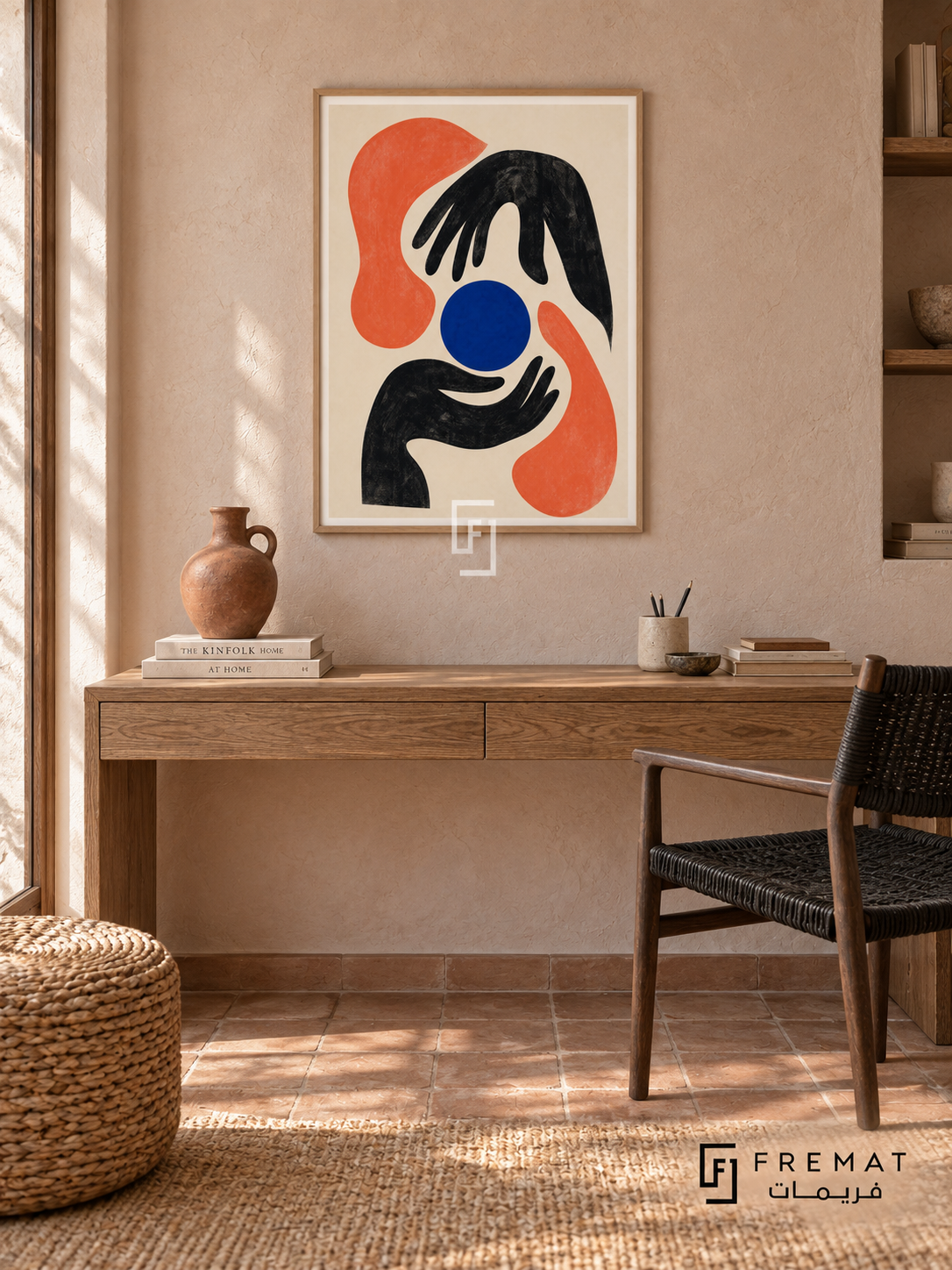 Graphic Hands by FREMAT in a light natural wood PVC frame with a flat white printed border. Creative maker study: pale clay-pink stucco wall, 150cm oak writing console, dark woven-cord chair at right, round rush ottoman left, warm quarry tile, diffuse morning light, one terracotta hand-built vessel.