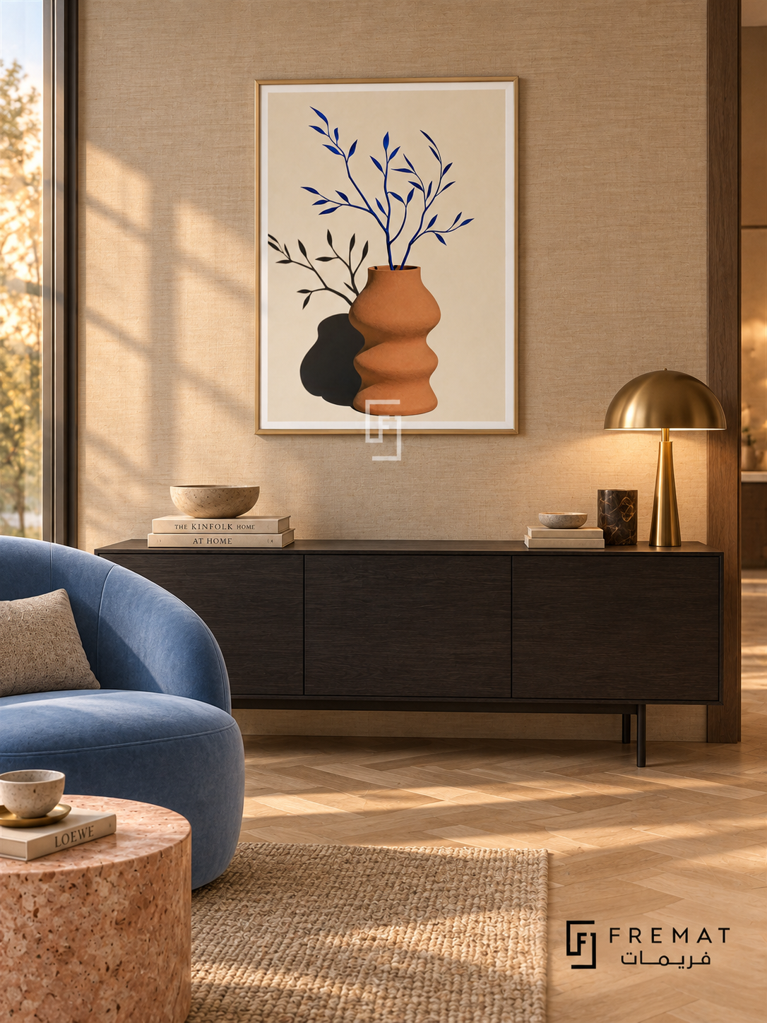 Bright Vase by FREMAT in a champagne gold PVC frame with a flat white printed border. Warm boutique salon: light tan woven wallcovering, 155cm ebonized oak credenza, powder-blue velvet chair left, rose travertine drum table, pale herringbone wood floor, sunset glow and restrained brass task lamp.