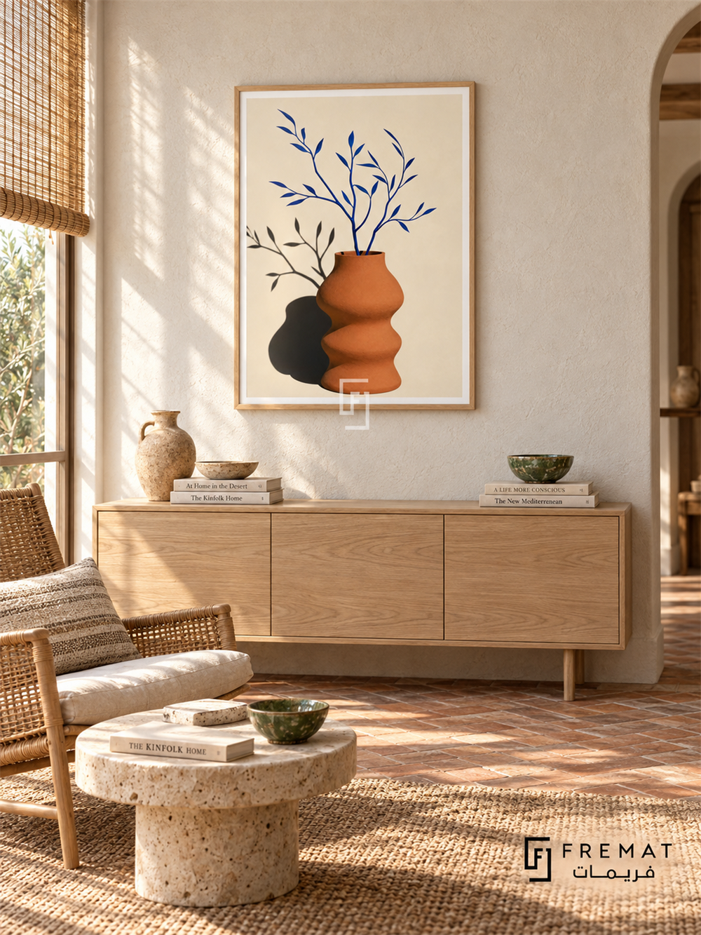 Bright Vase by FREMAT in a light natural wood PVC frame with a flat white printed border. Ceramic artist sunroom: off-white rough limewash wall, 150cm blond ash cabinet, caramel rattan lounge chair left, low stone table, brick herringbone floor, bright morning light softened by reed blind and small green ceramic bowl.
