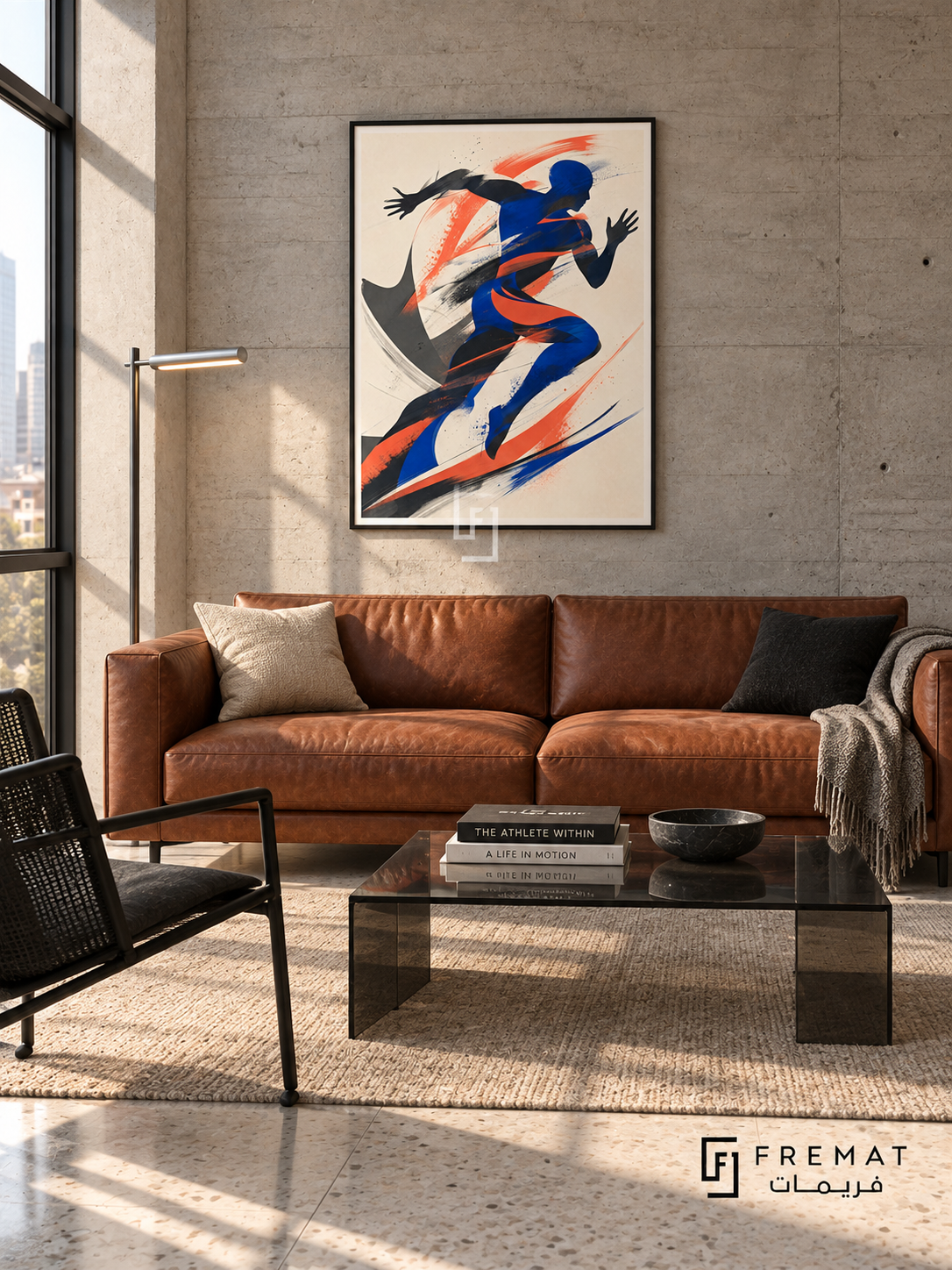 Modern Athlete by FREMAT in a matte black PVC frame with a flat white printed border. Urban athlete apartment: light board-formed concrete wall, 160cm rust leather couch, black mesh lounge chair left, rectangular smoked glass table, pale terrazzo floor, crisp high window light and silver linear floor lamp.