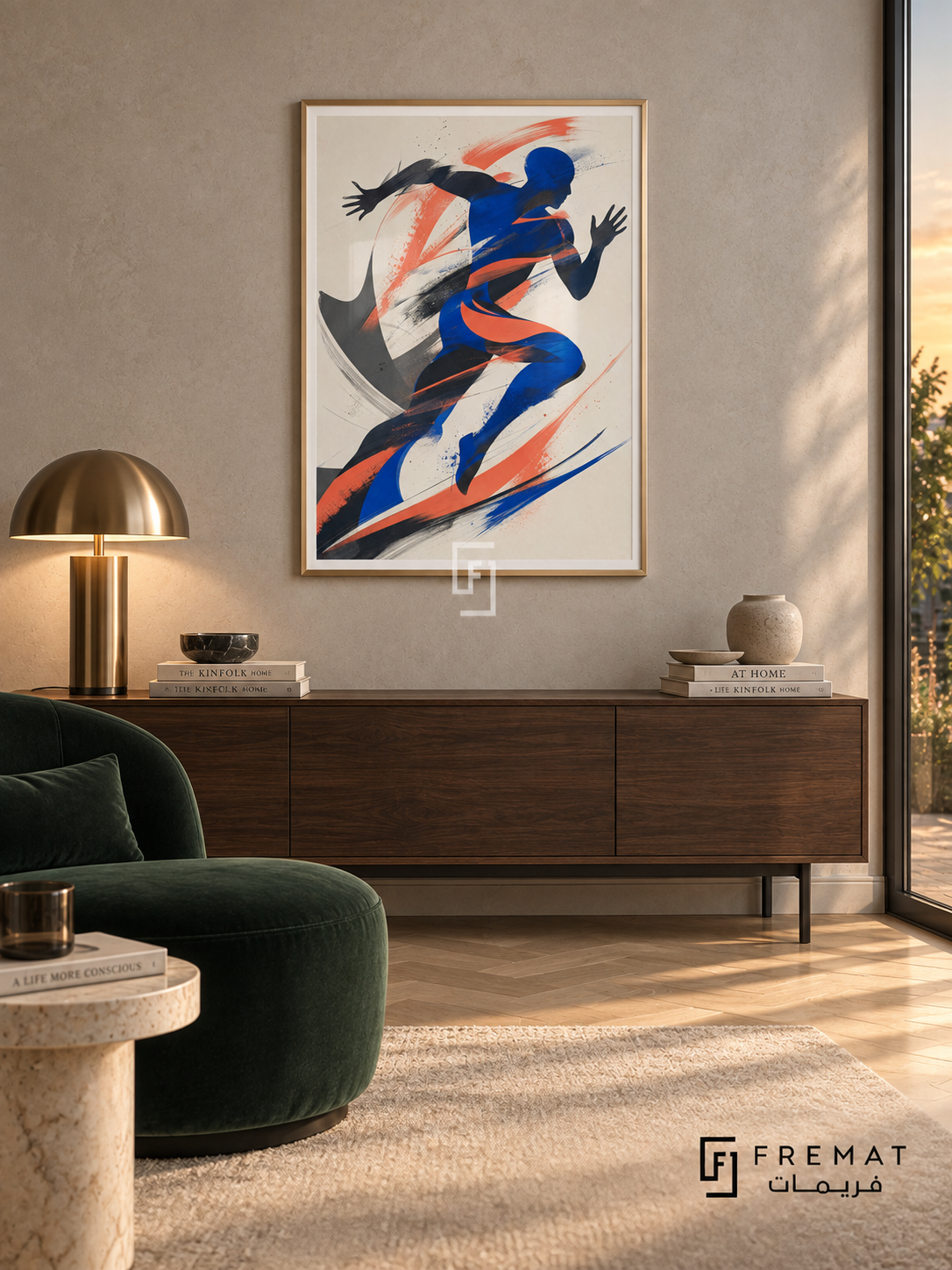 Modern Athlete by FREMAT in a champagne gold PVC frame with a flat white printed border. Tailored contemporary lounge: pale pearl-grey textured wall, 155cm dark walnut cabinet, dark green velvet chair left, cream marble side table, light parquet, warm evening lamp and indirect window light.