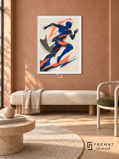Modern Athlete by FREMAT in a satin white PVC frame with a flat white printed border. Quiet studio rest corner: pale dusty terracotta plaster wall, 150cm ivory upholstered bench, white tubular chair right with olive seat, bleached timber floor, round wool rug, soft late-morning light and small ceramic sphere.