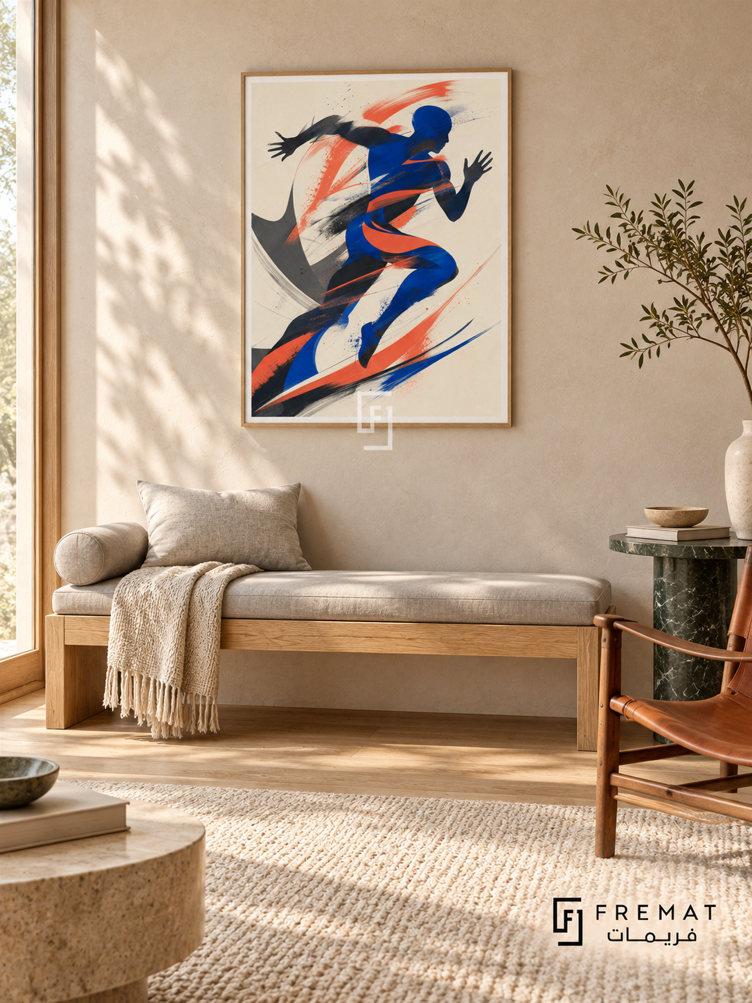 Modern Athlete by FREMAT in a light natural wood PVC frame with a flat white printed border. Modern wellness lounge: pale sand clay wall, 150cm light oak bench with grey linen cushion, cognac safari chair right, green marble small table, cream wool rug over oak boards, fresh morning skylight and single branch.