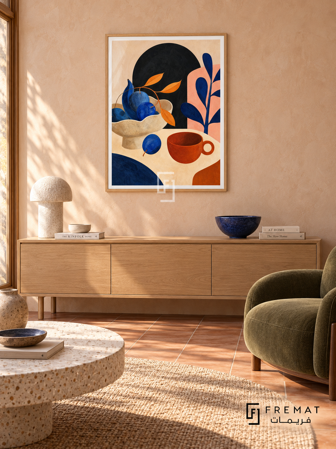 Playful Still Life by FREMAT in a light natural wood PVC frame with a flat white printed border. Playful ceramics lounge: pale peach tadelakt wall, 150cm blond oak sideboard, olive canvas lounge chair right, round white terrazzo table, terracotta square floor, soft morning sun and cobalt ceramic bowl.