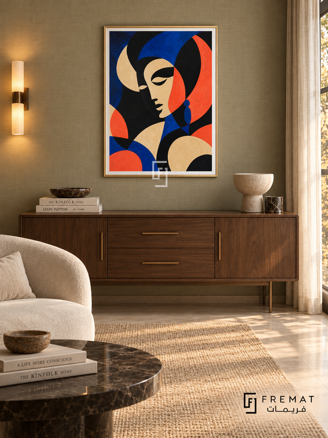 Statement Portrait by FREMAT in a champagne gold PVC frame with a flat white printed border. Warm sophisticated salon: pale olive linen wallcovering, 155cm walnut console with bronze handles, cream velvet armchair left, dark marble round table, sisal rug, subtle evening sconce glow with window daylight.