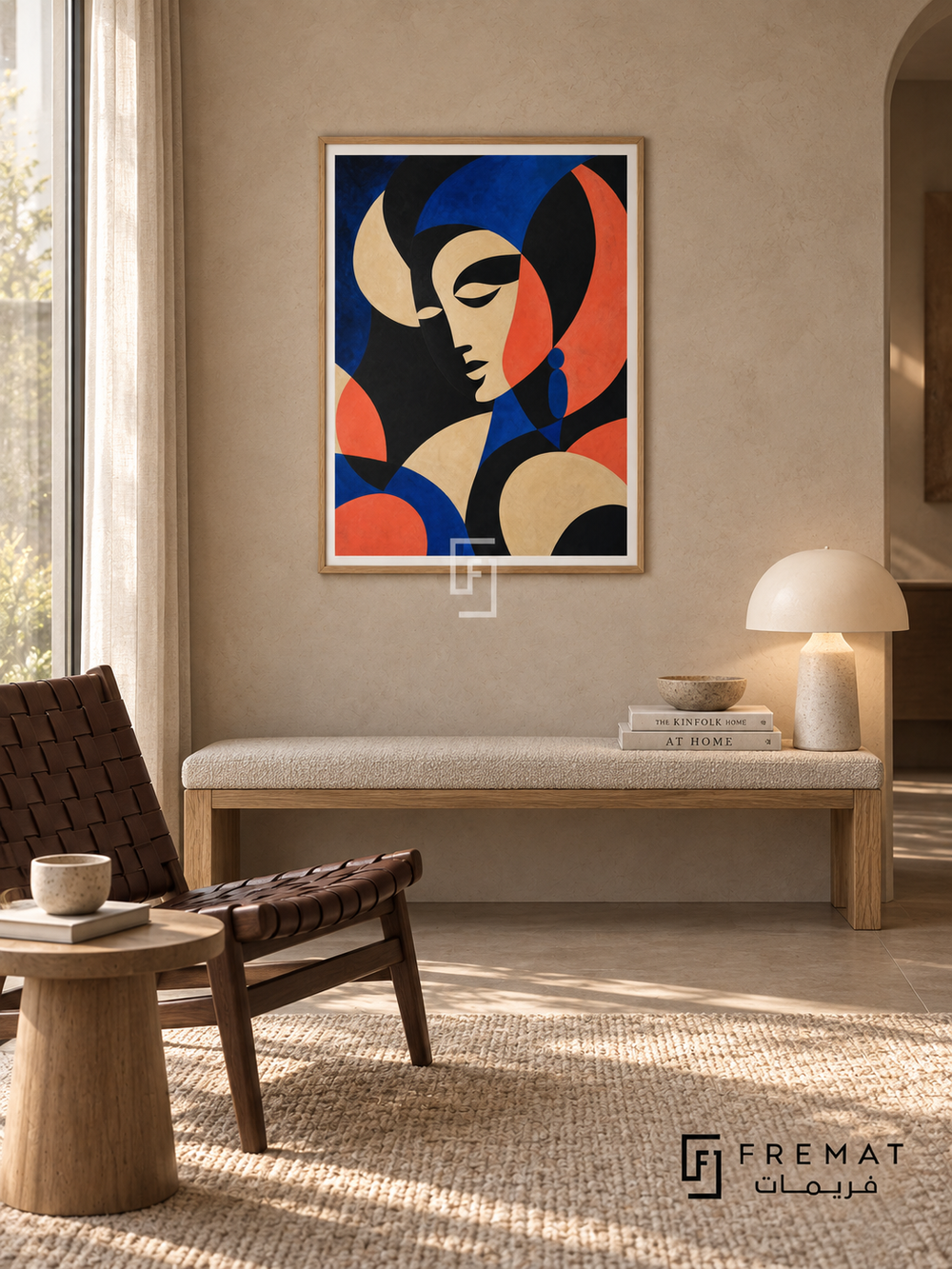 Statement Portrait by FREMAT in a light natural wood PVC frame with a flat white printed border. Portrait collector reading corner: warm light taupe plaster wall, 150cm oak bench with oatmeal seat, chocolate woven-leather chair left, small ash tripod table, wool rug, soft northern daylight and ceramic ivory lamp.