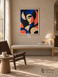 Statement Portrait by FREMAT in a light natural wood PVC frame with a flat white printed border. Portrait collector reading corner: warm light taupe plaster wall, 150cm oak bench with oatmeal seat, chocolate woven-leather chair left, small ash tripod table, wool rug, soft northern daylight and ceramic ivory lamp.