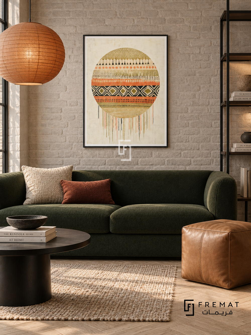 Textile Sun by FREMAT in a matte black PVC frame with a flat white printed border. Textured metropolitan den: pale warm-grey brick wall, 160cm bottle-green wool settee, black steel round table left, tan leather cube stool, light herringbone floor, broad overcast light and orange paper shade.